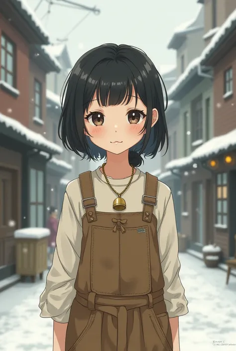 Anime girl wear a poor vintage outfit wearing a bell necklace with a snowy city background 