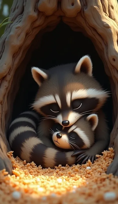 A mother raccoon hugs her adorable baby raccoon sleeping in a warm tree hollow filled with sawdust.