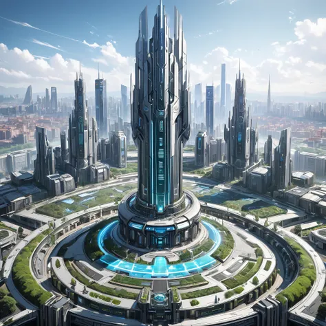 "A futuristic capital city exuding strength and order, with fortress-like skyscrapers made of dark steel and glass dominating the skyline. The centerpiece is an immense, heavily fortified structure, the Central Command Complex, resembling a sleek, angular ...