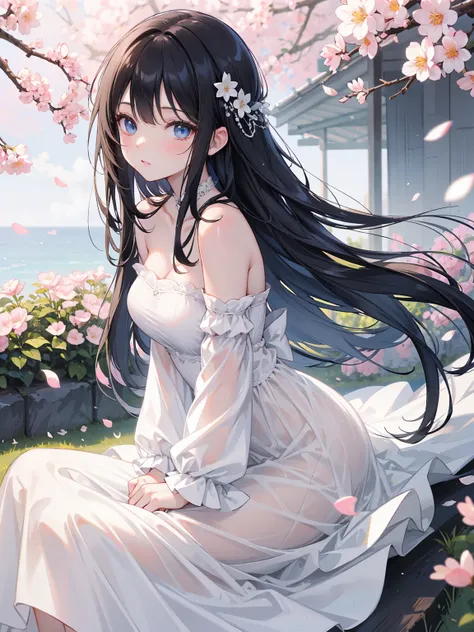  long black straight hair , Wedding Dress，  white dress,  blue eyes ， Holding a baby girl、The baby is one year old ，Relaxation posture, sit, Review, HEALTHY SKIN , Outdoor scenery, Cherry Blossoms Flying, Bright natural light  ,  The sun shines in from the...