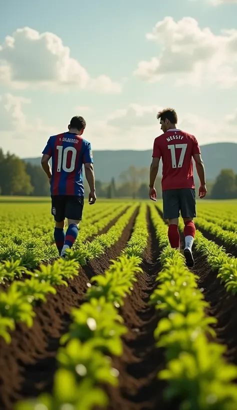 Imagine a serene countryside with Lionel Messi and Cristiano Ronaldo working together on a farm. Messi, with a calm demeanor, is carefully planting seeds in perfectly aligned rows, showcasing his precision. Ronaldo, ever the energetic one, is enthusiastica...