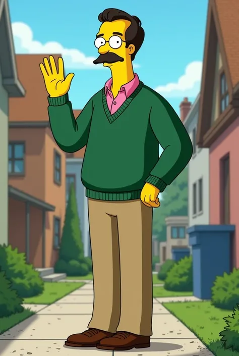 Create a hyper-realistic portrayal of Ned Flanders as a real human being. He is a middle-aged man with a lean and fit build, a neatly trimmed mustache, and warm, kind eyes behind simple round glasses. His hair is dark brown and neatly combed, with a slight...