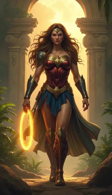 **Character**: A new hero named "Lioness," merging Wonder Womans courage with the lions strength.
- **Setting**: The same ancient temple surrounded by jungle.
- **Composition**: Lioness stands triumphantly, her armor adorned with lion motifs. Her lasso glo...