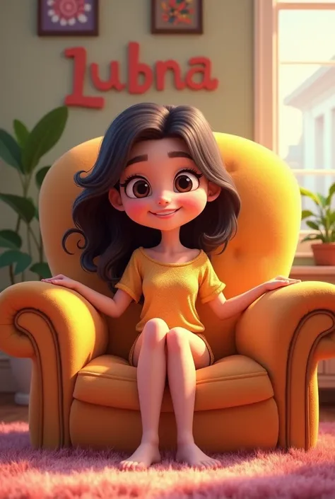 A gorgeous young happy cartoon lady sitting in a big chair and behind the wall written "Lubna "