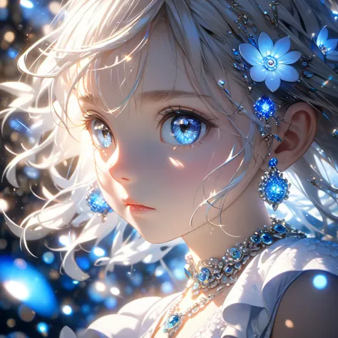 wallpaper illustration, sax blue, platinum earrings, platinum necklace, white dress, one girl, cute, (Dynamic Lighting:1.2), cinematic lighting, delicate facial features, detailed eyes, sharp pupils, realistic pupils, depth of field, bokeh, sharp concentra...