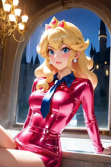  Princess Peach is buttoned up in an extremely tight shiny latex blouse, Necktie,Lens reflection, Reflected light, At the castle ,langes Haar,  blonde hair, 