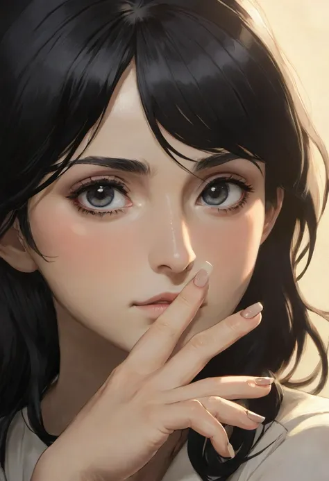 pieck finger, ((masterpiece)), best quality, 1girl, eye shadow, upper body, portrait, perfect fingers