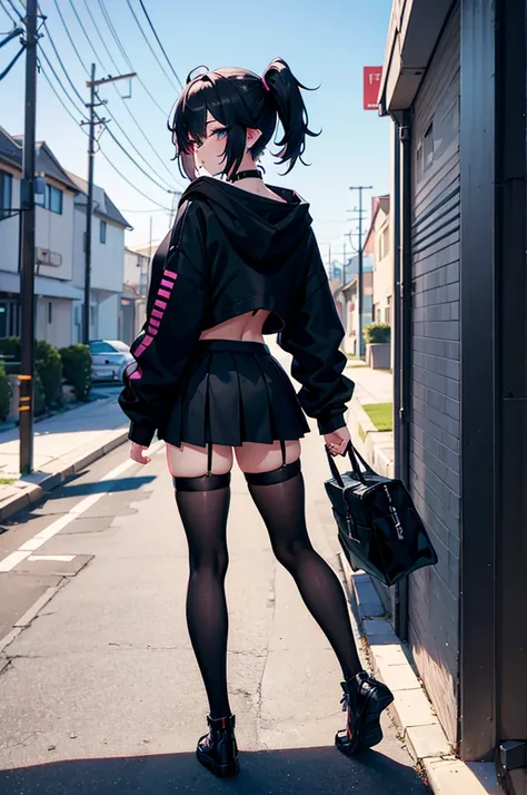 a cute femboy , traps,sexy femboy, short pigtail hair wearing a black graffiti hoodie and black short skirt with black pantyhose , h cup breasts, black eye, eye makeup, between eyes, sexy butt, from behind, looking back, standing in front of a house at aft...