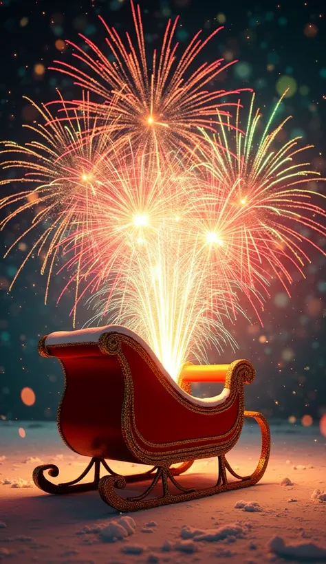 "Design a festive Christmas sleigh that is empty, with colorful and vibrant fireworks bursting dramatically from the back. Use an abundance of bright, eye-catching colors like red, green, gold, and blue to create a lively and celebratory scene. The firewor...