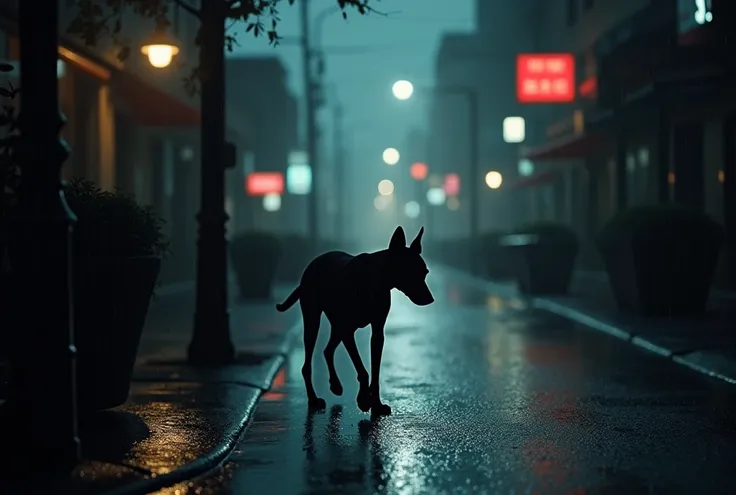 ((masterpiece, highest quality, Highest image quality, High resolution, photorealistic, Raw photo, Extremely detailed CG unified 8k wallpaper)), Silhouette of a skinny dog walking in the rain in a backstreet downtown at night, with the bright downtown area...