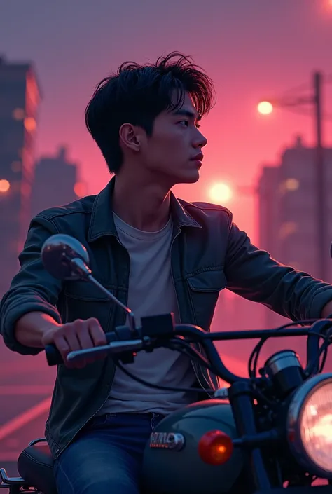 -  / imagine A beautiful and dramatic cover for an LGBT youth novel called "The Roar of the Heart ".  The colors should be pink and purple ,  with an air of mystery and longing .  The cover should show a young Korean man on a motorcycle , looking into the ...