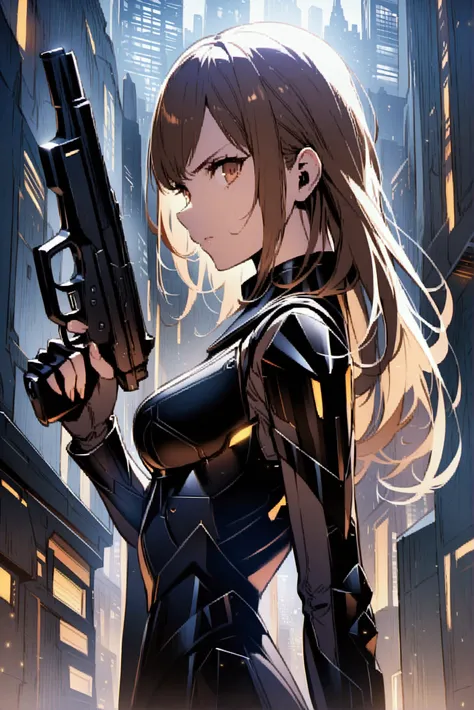 book cover illustration : woman, Young, white,  long brown hair, determined gaze,  dressed in black futuristic armor, holding a futuristic pistol , Bottom:  A wall with a futuristic city 