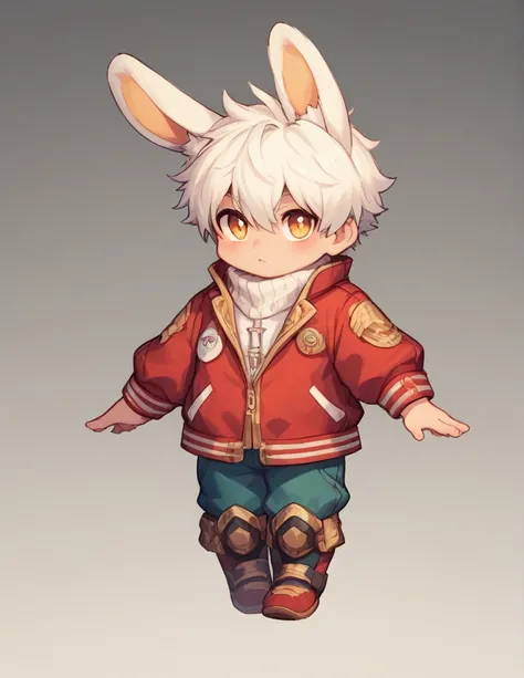 solo,1boy (fluffy white clothes, rabbit ear, short white hair, chibi,full body), BREAK ,quality(8k,wallpaper of extremely detailed CG unit, ​masterpiece,hight resolution,top-quality,top-quality real texture skin,hyper realisitic,increase the resolution,RAW...