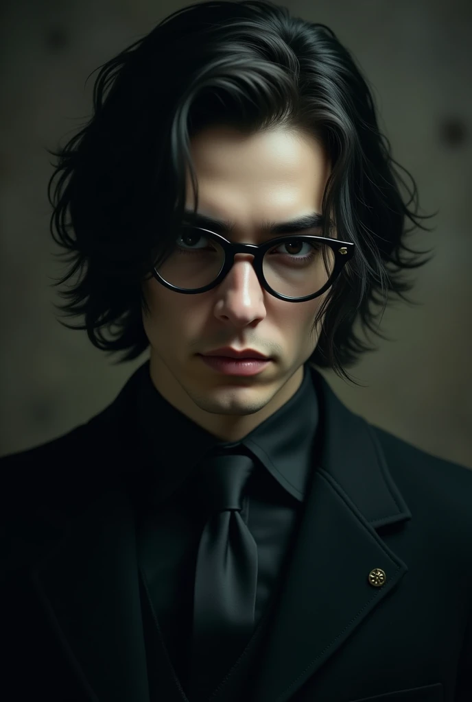  Creates a boy of approx. 24 years old with medium-length black hair,  with deep black eyes and once pale .  That he wears glasses and dresses in a vintage style . And that of an aura of evil and seductive
But that he is handsome and masculine