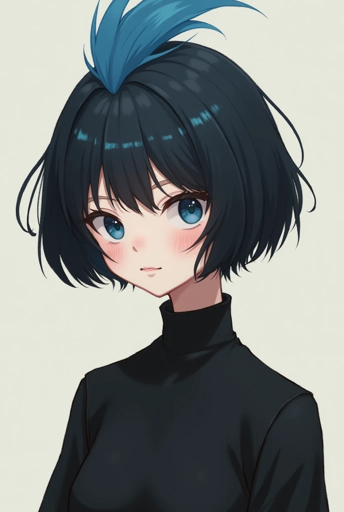  A girl with short hair and a tuft painted blue, dressed in black with a shy smile  