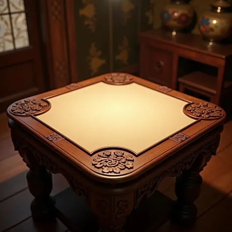 A traditional Mahjong table with a light beige felt surface, ornate wooden framing, and intricate floral designs in the corners.