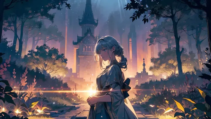 A stunning close-up of a girl standing at the edge of a radiant garden, looking toward a shadowy kingdom in the distance. The garden is filled with glowing plants and golden light, while the distant kingdom is shrouded in mist and faint dark energy. Her se...