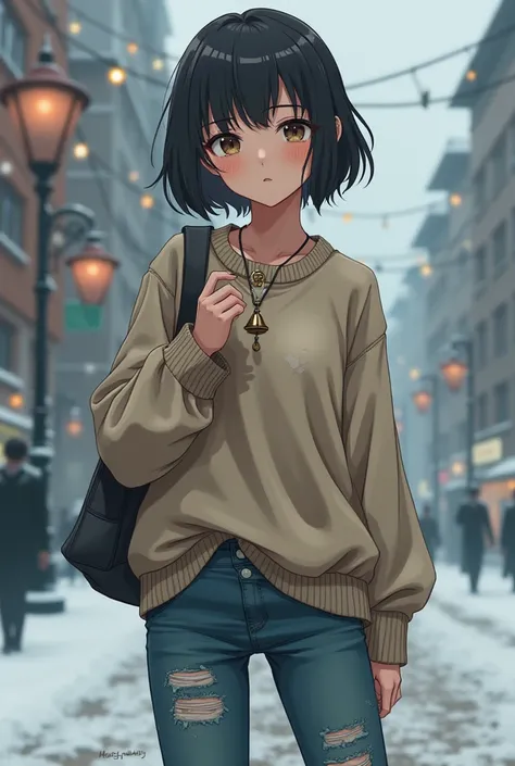 Teenager nime girl wear a poor vintage outfit wearing and holds a small bell necklace on her neck with a snowy city background 