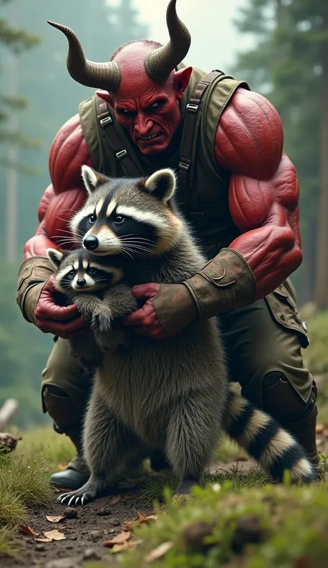 A mother raccoon holding her adorable baby raccoon facing the ferocious devil satan. Satan is muscular, red skin, big horns, wearing camouflage. on a beautiful grassy hill, the chopped trees are scattered everywhere