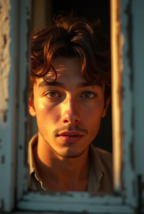 a young man peering through a window, detailed face, large expressive eyes, beautiful detailed features, realistic portrait, outdoors, house exterior, morning light, warm color tones, photorealistic, 8k, cinematic lighting, highly detailed, intricate detai...