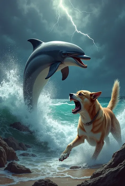 Create an image of a dramatic confrontation between an angry dolphin and an enraged dog. The dolphin should be leaping out of turbulent waters, its body arched with aggression, eyes narrowed, and mouth slightly open to reveal sharp teeth. The dog, position...