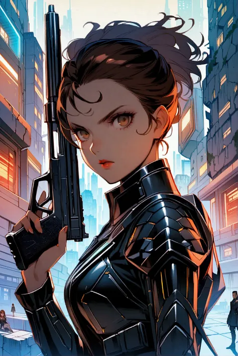 book cover illustration : woman, Young, white,  long brown hair, determined gaze,  dressed in black futuristic armor, holding a futuristic pistol , Bottom:  A wall with a futuristic city , Rebellious man, negro, misaligned black hair , determined gaze,  dr...