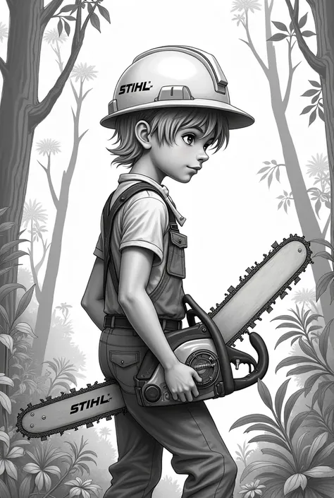  Create a picture with a boy  ( , 1,96 m tall ,  blond,  medium-length hair , Curled up )  is wearing a forestry helmet from Stihl ,  who stands with his back to me and has a Stihl chainsaw in his hand 
Important :  you should see the chainsaw , that it is...