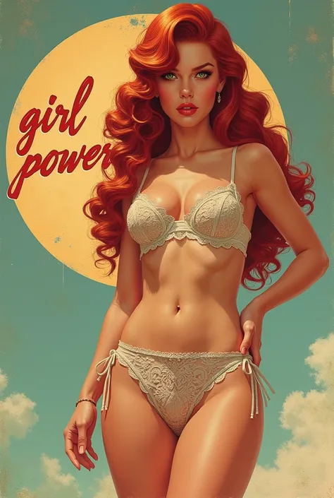 (long red hair:1.5), 1960s hairstyle, one eye covered by her hair, (age 24, green eyes, sexy hourglass figure, perfect toned body, natural medium breasts:1.3), femme fatale, (long eyelashes:1.2), (seductive eyes:1.2), shaped lips, porcelain skin, goddess-l...