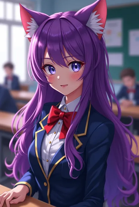  Screenshot of my hero academy of a beautiful girl with long, wavy hair with locks of different shades of purple and that of the Cheshire cats vibes dressed in the UA uniform and cat ears. In the background the 1A class of the UA 