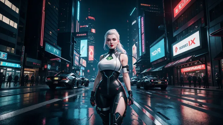 {Gamer Doll in cyberpunk streets, Hyper-realistic face, gorgeous, ultra close up}, (curvy), age 25, arrogant smirk, wearing tactical suit, high ponytail, (((red lips))), (((anime like eyes, thick false eyelashes))), ((raised arrogant eyebrows, heavy makeup...