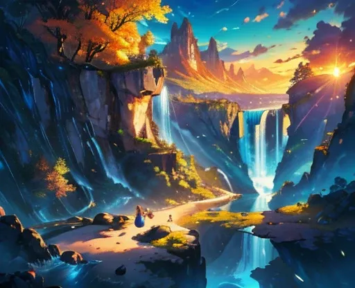  best quality,4K,8k, high definition ,masterpiece:1.2, super detailed,Realistic:1.37,landscape, colorful , backlit lighting ,float, owl under guard，Impressive rock formations,tropical,Towering Waterfall, Sparkling sunlight ,Peaceful, breathtaking views, qu...