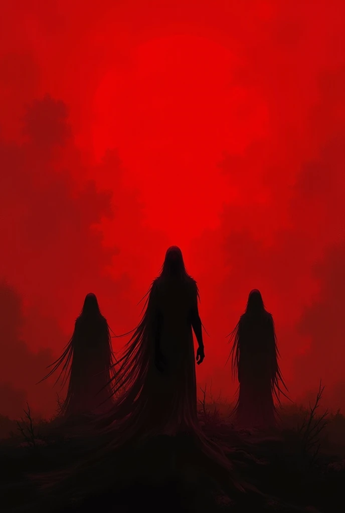 3 shadow and 1 entity with red blood skies painting 