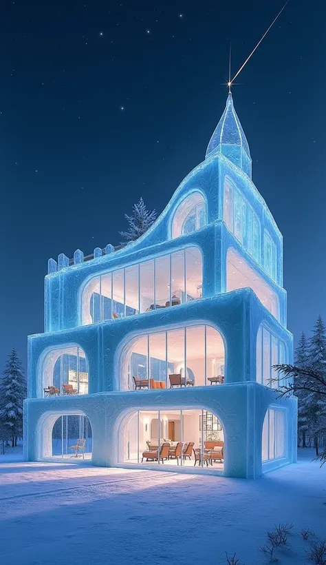 
Generate an image based on the following instructions:

Features of the house exterior:
	•	Very large and intricately designed
	•	Made primarily of transparent ice
	•	Almost entirely glass-covered
	•	Set under a night sky with a shooting star
	•	Three sto...