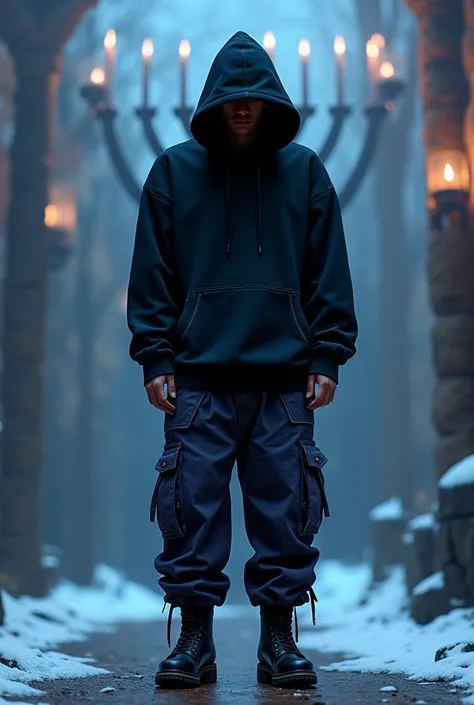 Cool Black hoody (with no coat) (face down)and dark blue purple cargo pants(with no buttons) and black army boots and winter 3D menorah wallpaper 