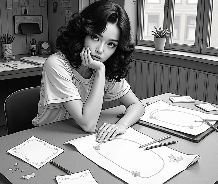 Curly haired girl with long hair parted in the middle, brown eyes, 50s clothes, white skin, sitting in front of a table with several papers and pencils in a design studio, black and white image