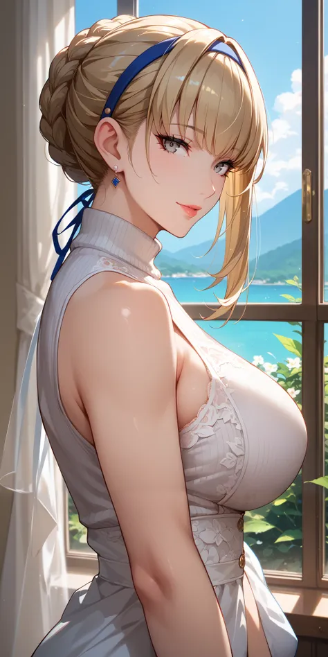 Score_9, Score_8_up, Score_7_up, Source_anime, anime art, anime style, masterpiece, best quality, very aesthetic, 1girl, mature woman, milf, curvaceous, sleeveless turtleneck, seductive face, standing beside window, meropep5x, blonde hair, hairband, braid,...