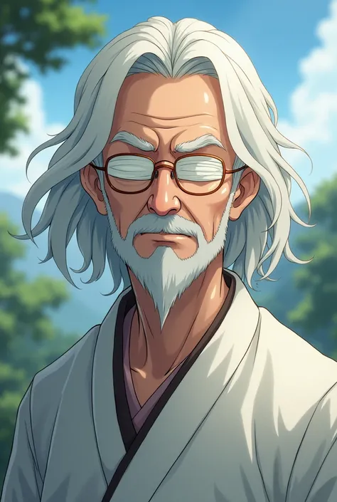 A guy with a kind smile, With white hair, bandages on his eyes, in white haori, in the style of the anime Demon slayer 