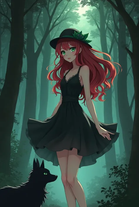 Create a beautiful girl anime character with long red hair, black hair highlights in the middle, dark green eyes, green eyelashes, wearing a short spritz dress, in black, playing with a scared wolf dog in the middle of a dark forest.