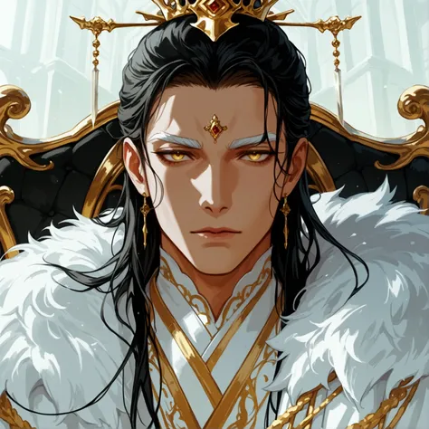  illustration, man, beautiful, Heavenly face , perfect body,  White eyebrows like swords ,  eyes as golden as pure gold ,  a snow-white skin ,  a white oriental robe with gold linings, seated on a Black throne 