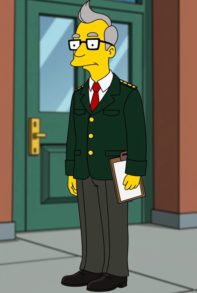 Create a hyper-realistic depiction of Seymour Skinner, the principal from *The Simpsons*, as a real human being. He is a man in his late 40s to early 50s, with a slender build and neatly combed brown hair, which is slightly graying at the temples. His face...