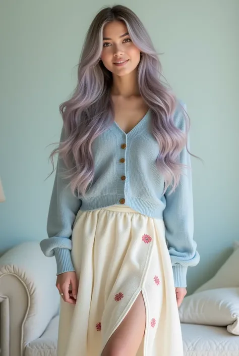 Beautiful silver grey lilac tint ombre long wavy hair woman  wearing an all overfloral highwaist cream knitted ankle length skirt she is smiling . With a pastel blue knit button up sweater handknit cardigan and she has pale blue converse shoes on very beau...