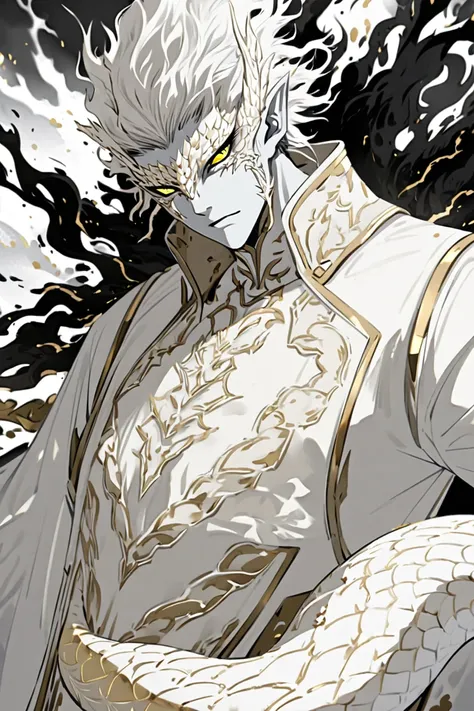 Demigod , man, beautiful, golden-eyed,  white skin , Long white hair , White scales, Wear Chinese combat tunic, white in color,  has a snakes tail.