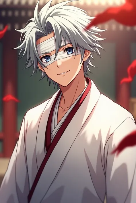 A Young guy with a kind smile, with gray hair, with bandages on his eyes, in white haori, in the style of the anime Demon slayer 