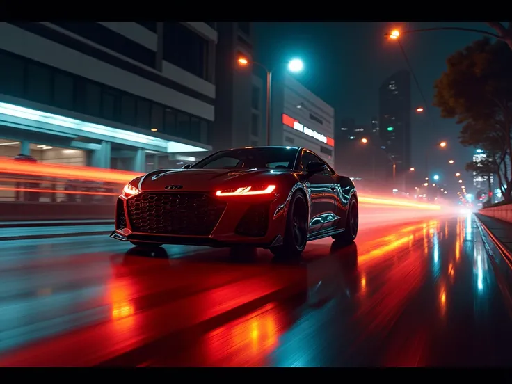 A cinematic night scene in the vibrant streets of Mexico City, featuring a car in motion. The vehicle is intentionally blurred to the point where only the glowing silhouette of its headlights and taillights is visible, leaving the design abstract and unide...