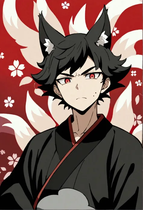 Anime clean style splash art, a man that looks like a 21 year old wears a grey and black kimono and is a kitsune with 9 tails with a stoic face black wavey hair with red tips red crimson eyes and a mole on his cheek, with a stoic expression and a cherry bl...