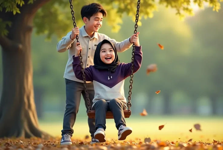 showing full HD high resolution, a bright and fresh morning view, a tree on the left side with a swing hanging, a beautiful girl wearing a hijab with an Indonesian face, wearing a white, black and purple hoodie, dress pants, playing on a swing with a young...