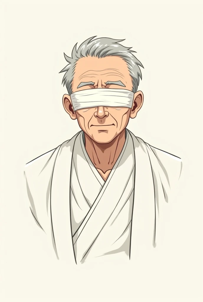  guy with a kind smile, with gray hair, with bandages on his eyes, in white haori, in the style of the anime Demon slayer 