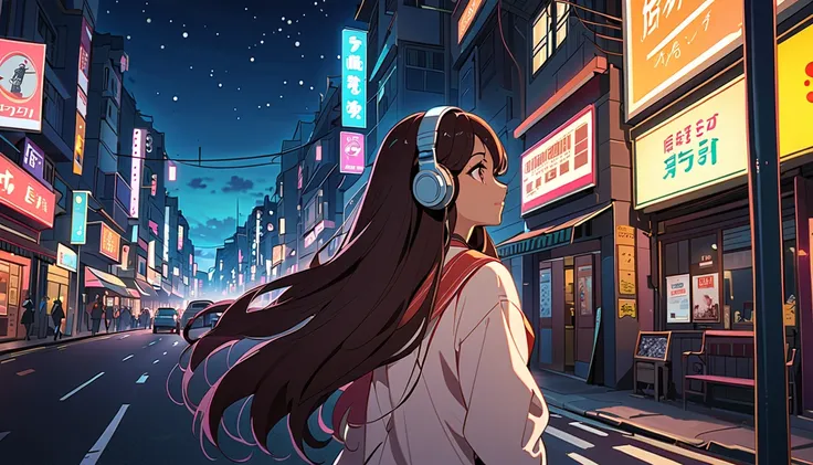  Indian woman with long hair admiring the night view,Streetscape、Indian woman with long hair listening to music on the radio 、 anime style