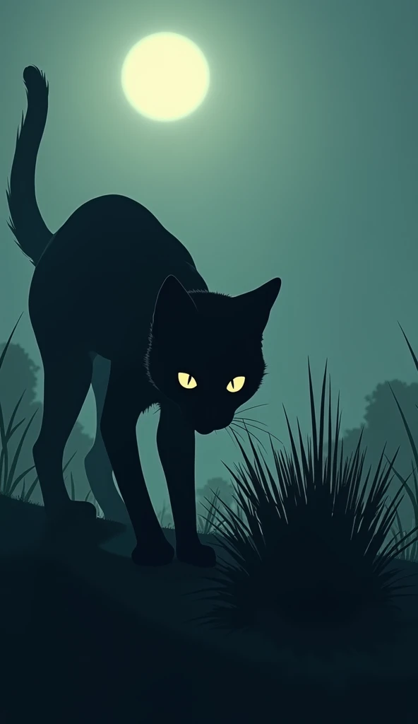 Under the dim moonlight, the cat quietly sneaks towards the pile of grass. With a sneaky glance around, she begins to nibble on the grass, trying to steal it without being noticed.