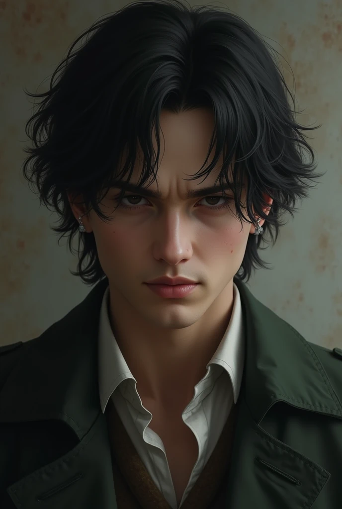  Create a boy of approx. 24 years old with not so long black hair,  with deep black eyes and once pale . That he dresses in a vintage style . And that he is smiling moderately and with an aura of evil . that looks masculine. but very realistic 